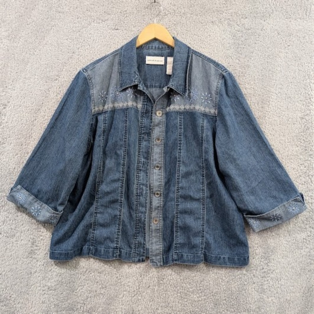 Alfred Dunner Denim Shacket Women's‎ 18 Blue Embroidered 3/4 Sleeve Button Up